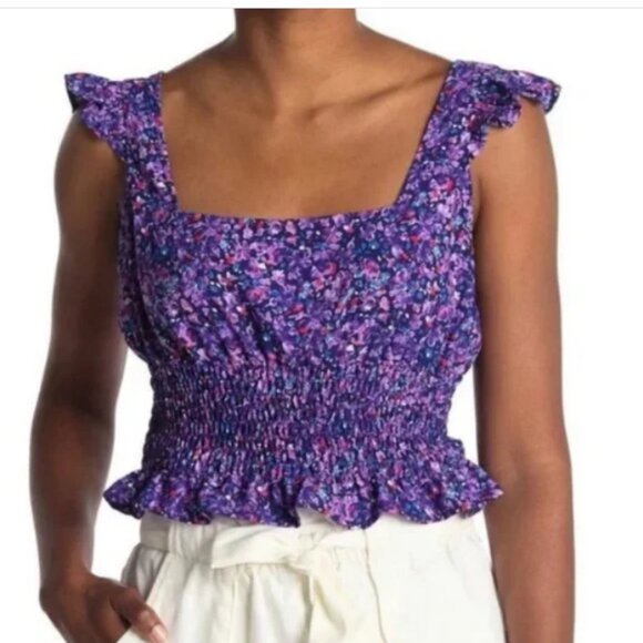 BCBGeneration Floral Ruffled Smocked Crop Top - Picture 1 of 7